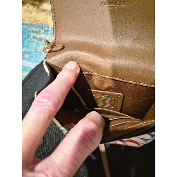 Coach Rainbow Signature C Phone Crossbody Bag White Gold Chain - Picture 7 of 9